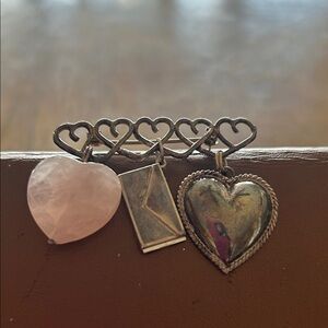 Heart Charm Brooch with Rose Quartz and Silver Hearts